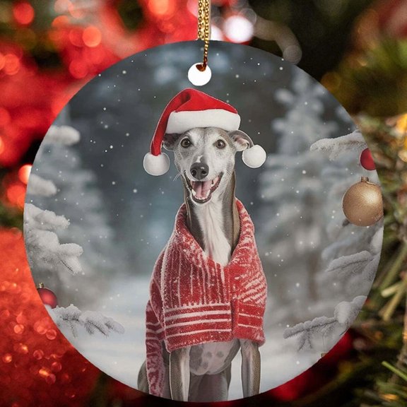 Cute Whippet Dog Santa Hat Snow Winter Christmas Ornament Gift Decor Hanging 2D FLAT CIRCLE Ceramic Ornament