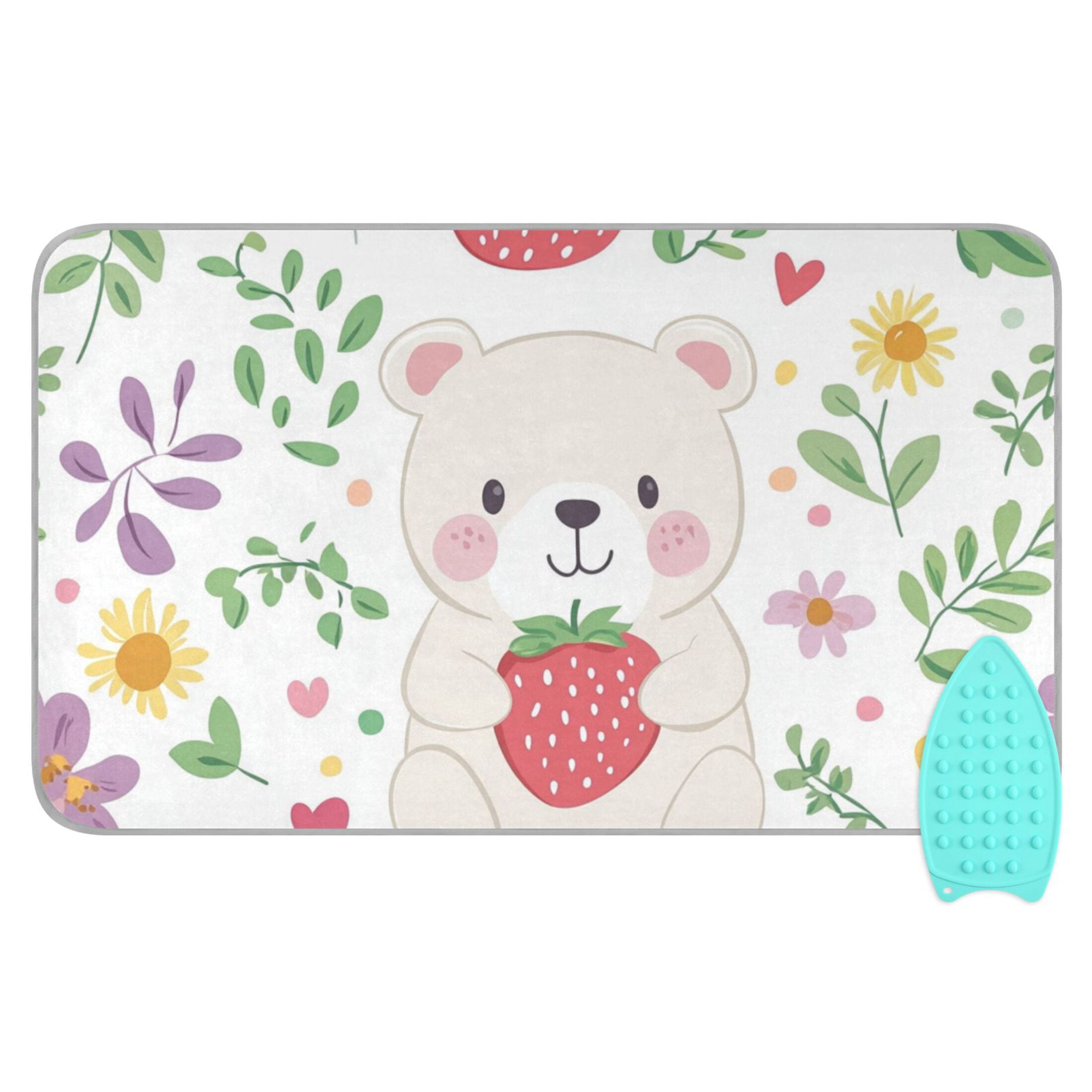 Cute White Bear Holds Strawberries Flowers Ironing Mat Blanket Portable Travel Ironing Pad Heat Resistant Pad 47.2" x 27.6”