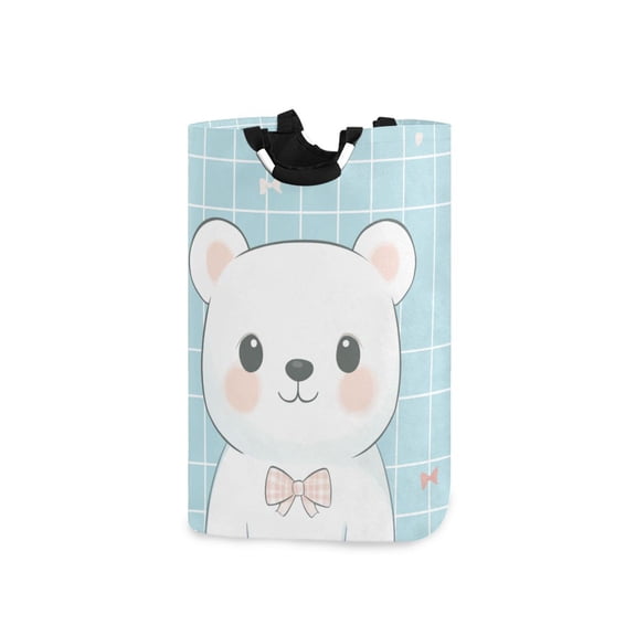 Cute White Bear with Bowknots Laundry Basket with Handles Foldable Laundry Hamper Freestanding Washing Bin 50L
