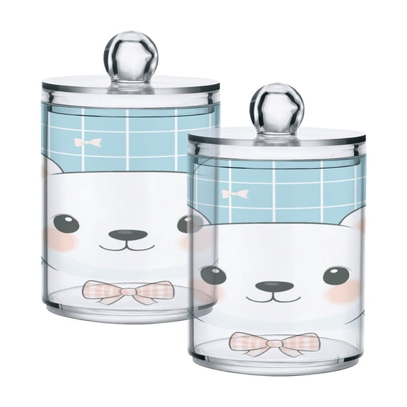Cute White Bear with Bowknots Translucent Plastic Cans Storage Canisters with Lid Set of 2