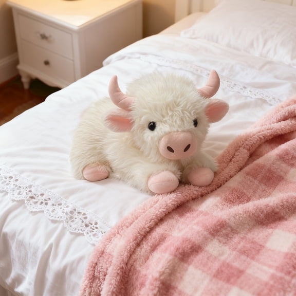 Cute White Bison Stuffed Animal, Super Soft Plush Toy With Pink Accents, For Kids Girls Boys Bedroom Decor Nursery Playroom Cuddling