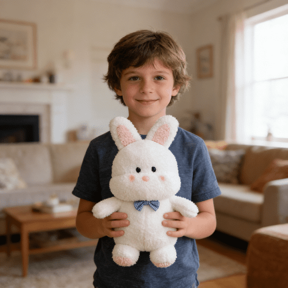 Cute White Bunny Plush Toy With Blue Bow Tie Soft Fluffy Material Ideal For Kids Playmate Home Living Room Decor Comfortable Hugging Companion Well-Made Durable Toy Suitable For Gift Giving