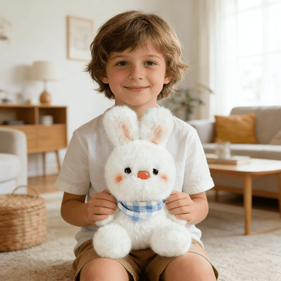 Cute White Bunny Plush Toy With Blue Plaid Scarf Soft Fluffy Material Ideal For Kids Playmate Home Decor Comfortable Hugging Companion Well-Made Durable Toy Suitable For Gift Giving