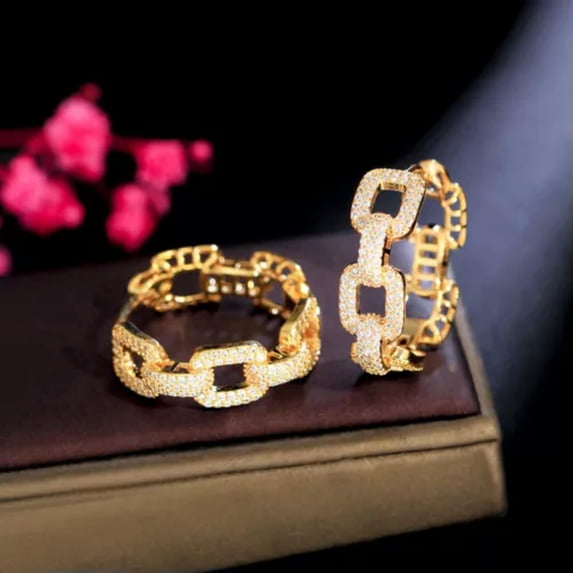 Cute White CZ Yellow Gold Plated Geometric Round Cuban Chain Link Hoop Earrings