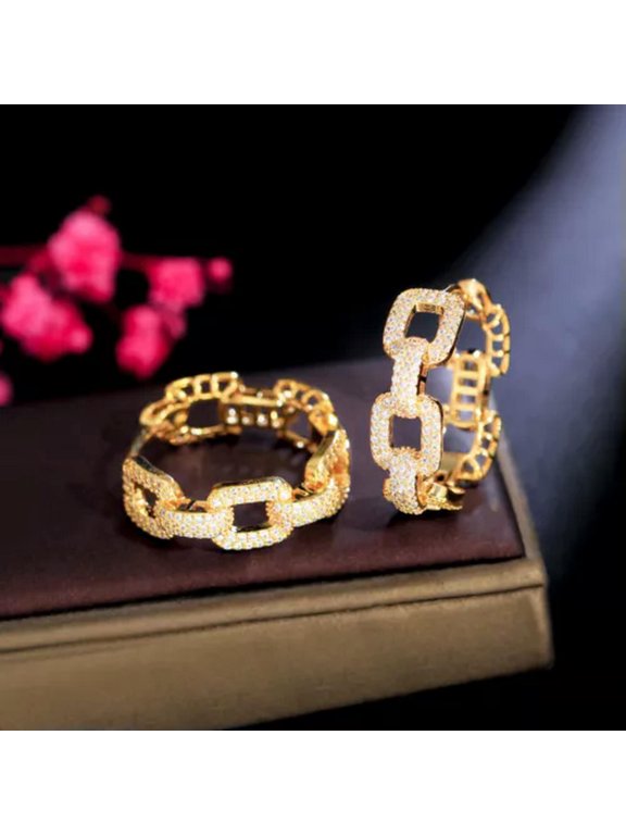 Cute White CZ Yellow Gold Plated Geometric Round Cuban Chain Link Hoop Earrings