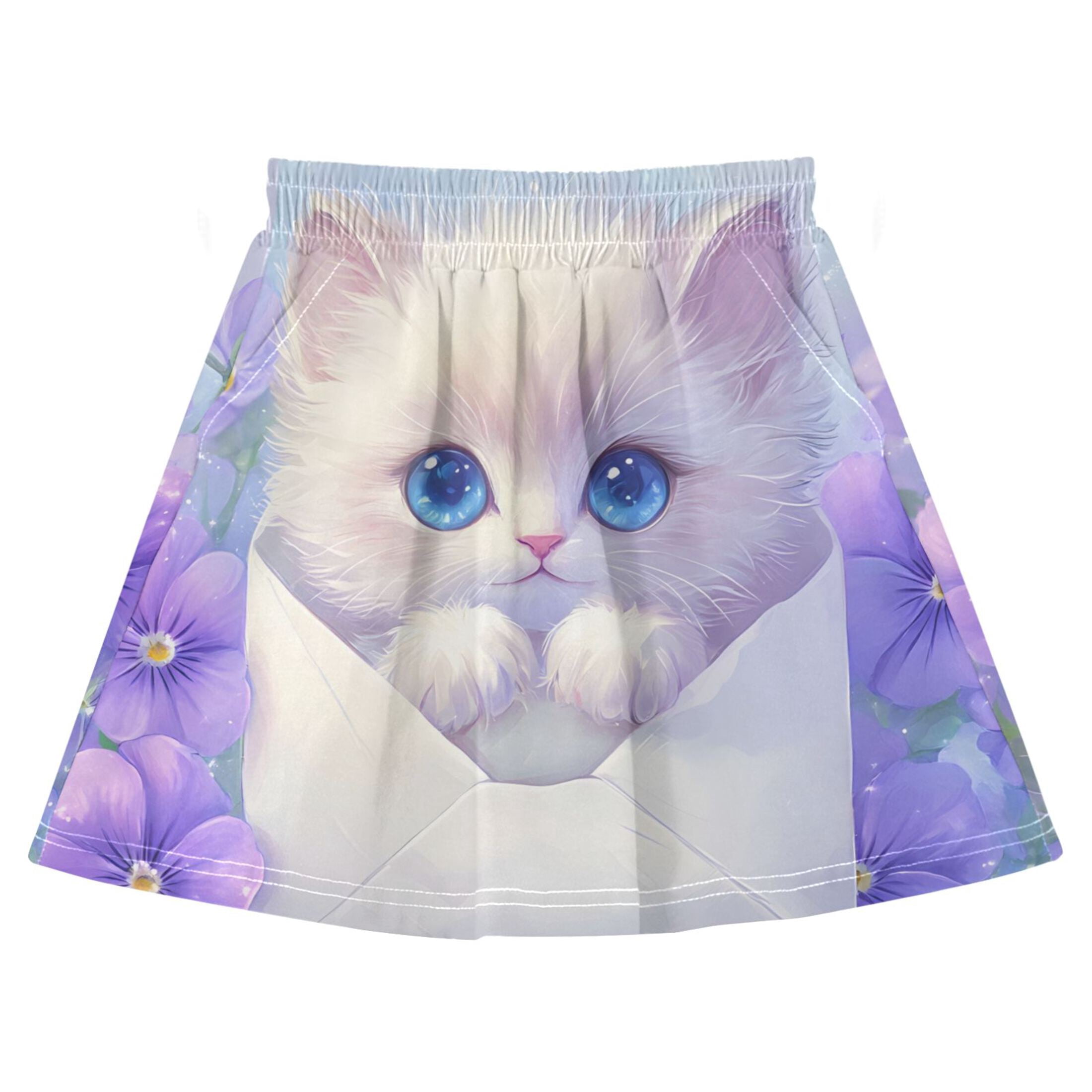 Cute White Cat Cotton Skirt Built-in Liner Elastic A-Line Flared Skirt ...