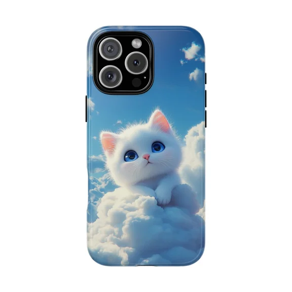 Cute White Cat Fluffy Clouds Scene Phone Case with iPhone 11-17 Pro Max