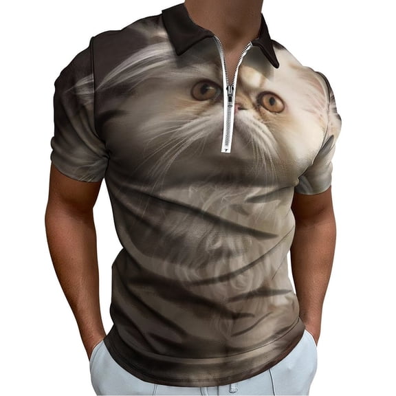 Cute White Cat Men Zipper T-shirt Summer Casual Short Sleeve T-shirt Top