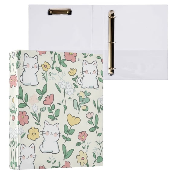 Cute White Cat Pattern 3 Ring Hardcover Binders 1.5in Round Rings for Letter-Size Folder Paper Organizer Pockets for Office Student Recipe