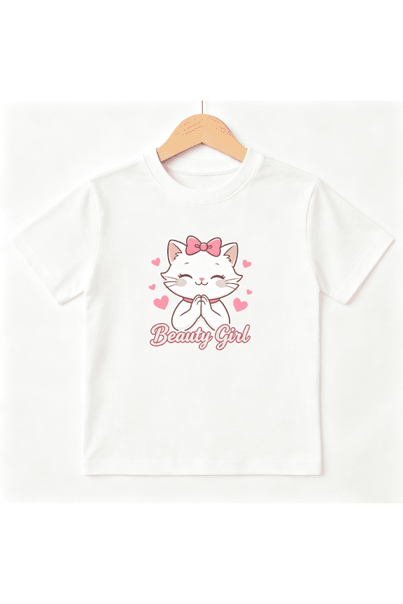 Cute White Cat Pink Hearts Girls Graphic Tee, Sweet Kitty 100% Cotton Kids Short Sleeve T-Shirt 4-13Y