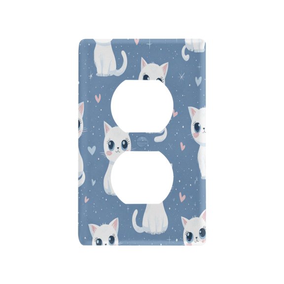 Cute White Cat Seamless Pattern Decorative Wall Plate, Flame Retardant PC Plastic Light Switch & Outlet Cover with Mounting Screws Fits Duplex Outlets