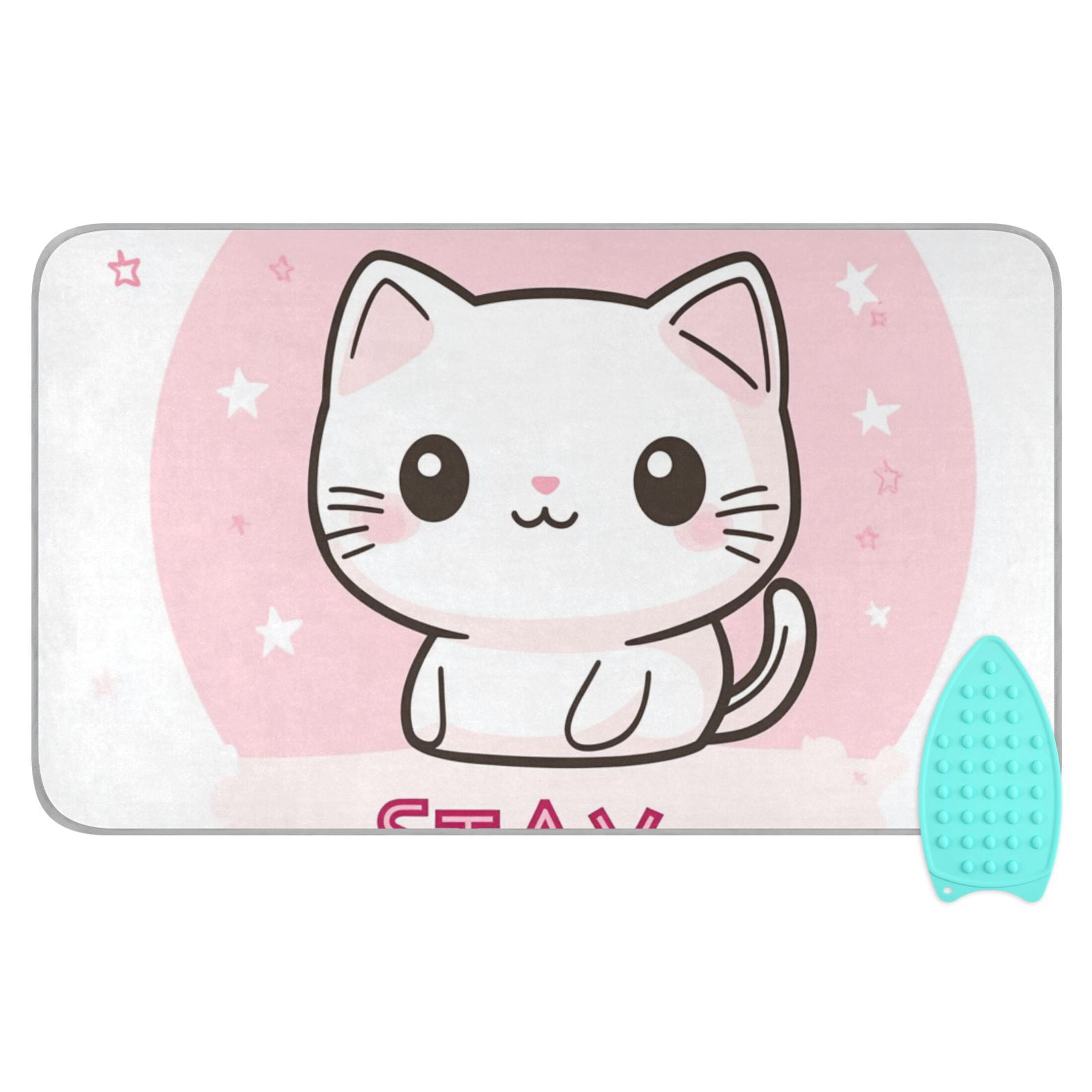Cute White Cat Stay Cool Stars Ironing Mat Blanket Portable Travel Ironing Pad Heat Resistant Pad 47.2" x 27.6”