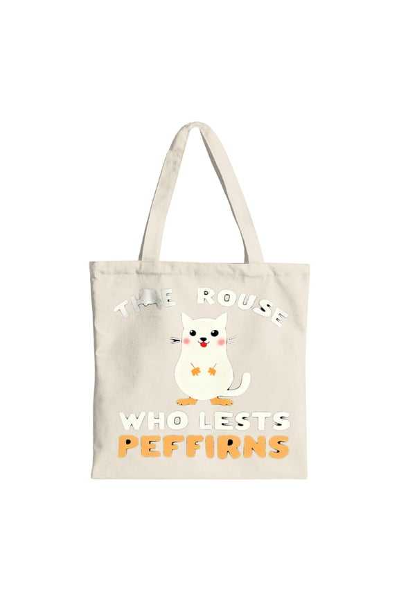 Cute White Cat Tote Bag - Multifunctional Canvas Bag with Orange Paws & Whiskers Perfect for Shopping Travel & Parties - " THE ROUSE WHO LETS PFFRINS " Design