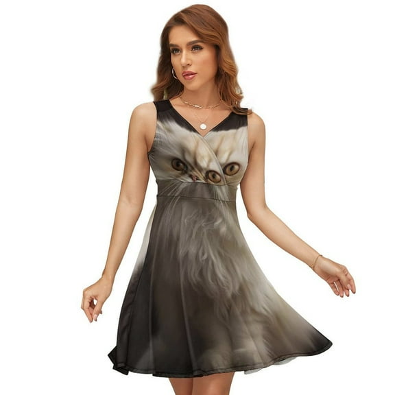 Cute White Cat Women's Tank Dress V Neck Sleeveless Summer Sundress