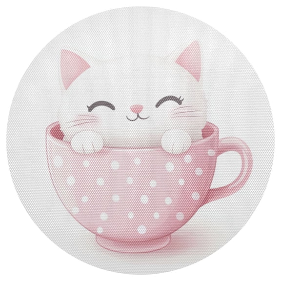 Cute White Cat in Cup PVC Round Grid Placemat Table Mat 1 Pc 15.4" x 15.4"