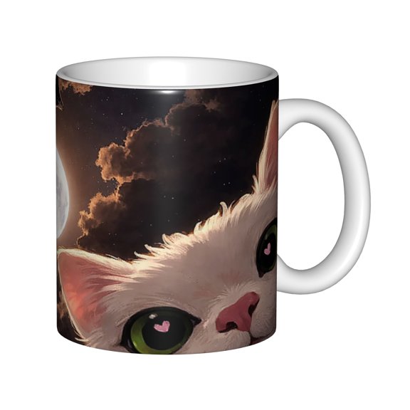 Cute White Cat with Heart Eyes Night Moon Sky 11oz Ceramic Coffee Mug, Aesthetic Kitten Art Tea Cup for Cat Lovers, Home and Office Gift Drinkware