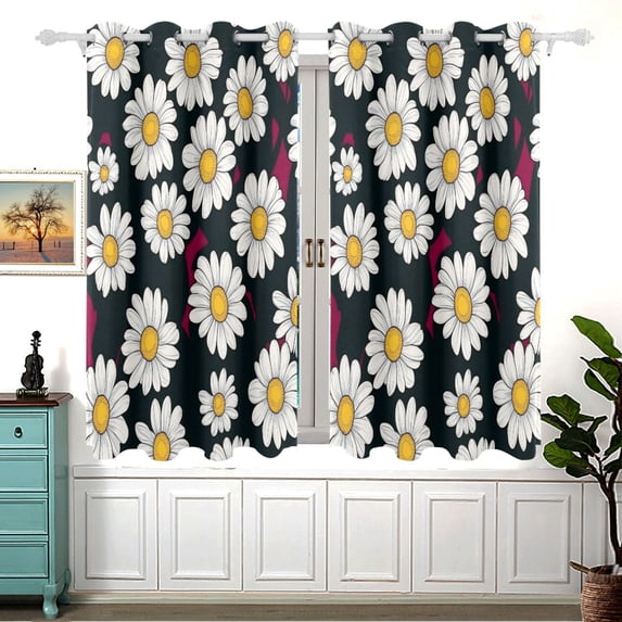 Cute White Daisy Blackout Curtains for Living Room Bedroom 55W x 54L Insulated Window Drapes 2 Panels