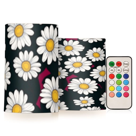 Cute White Daisy Flickering Flameless Candles Battery Operated with Remote Timer LED Pillar Candles Set of 2