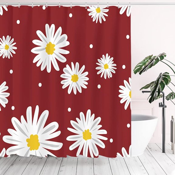 Cute White Daisy Floral Shower Curtain Sets – Abstract Aesthetic Flowers Red Bathroom Decoration – Vibrant and Playful Design – Polyester Fabric with Hooks (70"x70) – Perfect for a Fresh Look