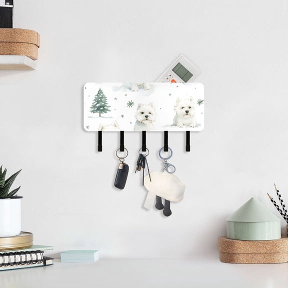 Cute White Dogs Key Holder for Wall Mail Holder Organizer with 5 Key Hooks Wall Mount Key Rack with Shelf