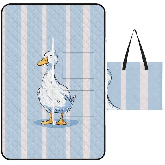 Cute White Duck Blue Stripes Outdoor Picnic Blanket, Foldable Waterproof Beach Mat, Portable Beach Blanket for Beach Camping, Hiking, Family Concerts