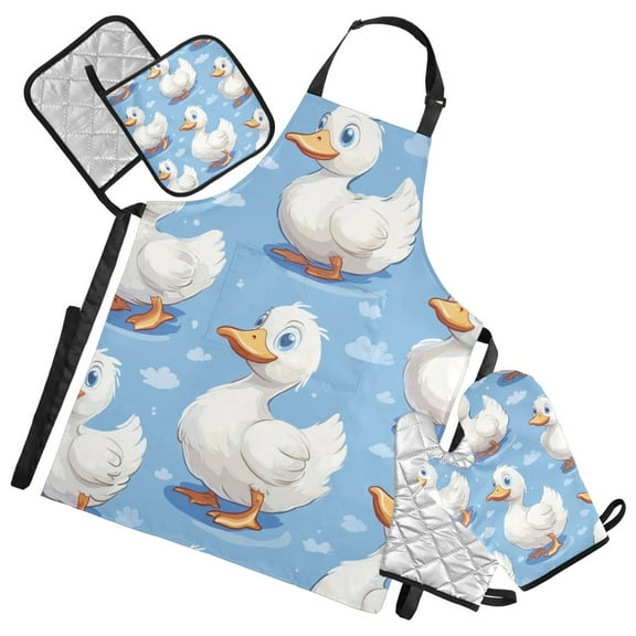 Cute White Ducks Apron Set with Oven Mitts Pot Holders Set of 5 Kitchen Stuff Accessories