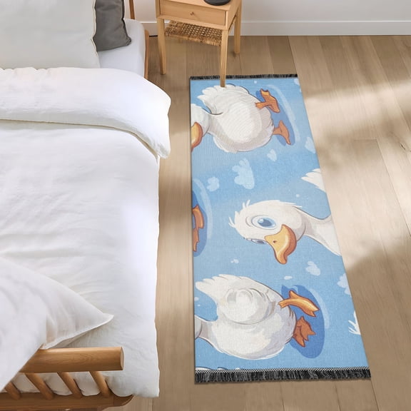 Cute White Ducks Bedside Runner Rug 2'x 6' Non Slip Carpet Floor Mat Area Rug