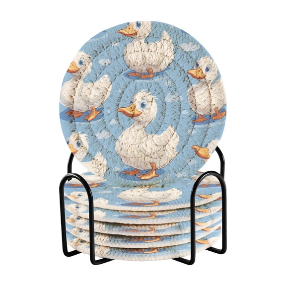 Cute White Ducks Drinking Coasters Cup Mat with Holder for Kitchen Cafe Bar 6 Packs