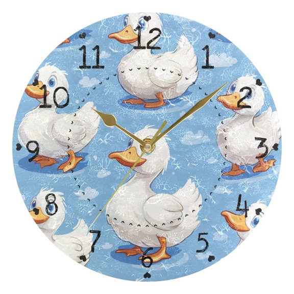Cute White Ducks Round Wall Clock Silent Analog Battery Operated Gold Pointer Home Decor 9.84" Diameter