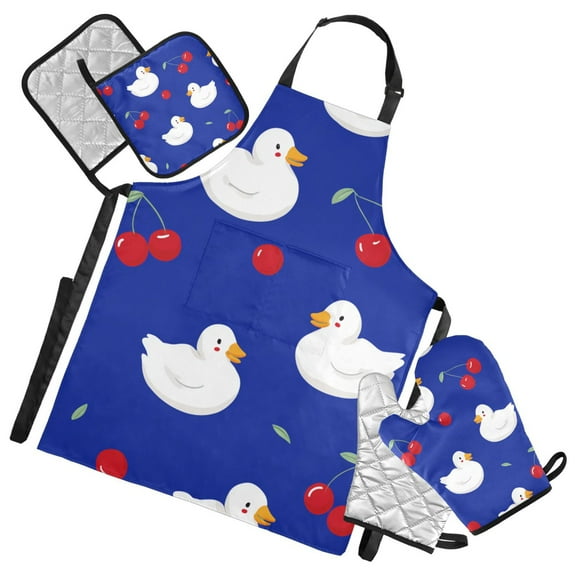 Cute White Ducks with Cerries Apron Set with Oven Mitts Pot Holders Set of 5 Kitchen Stuff Accessories