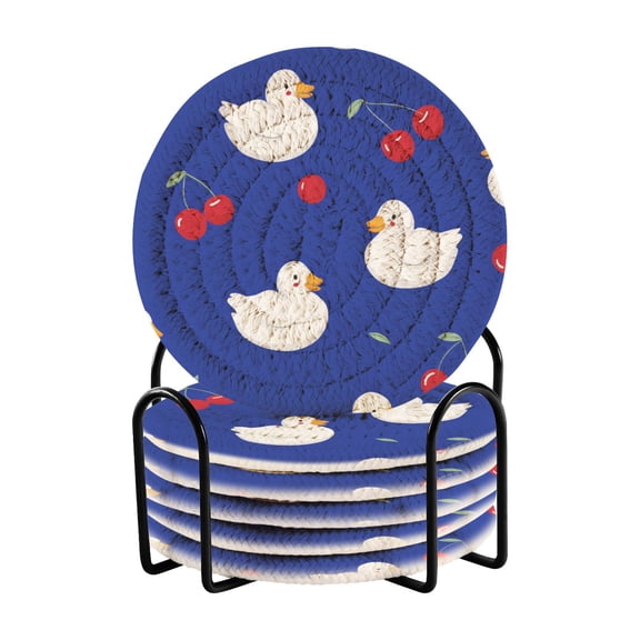 Cute White Ducks with Cerries Drinking Coasters Cup Mat with Holder for Kitchen Cafe Bar 6 Packs