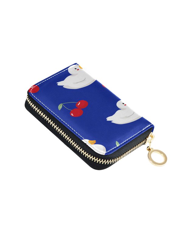 Cute White Ducks with Cerries Women's Credit Card Holder PU Leather Zipper Wallet RFID Blocking