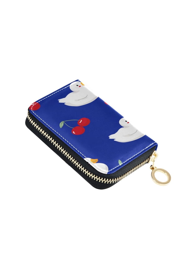 Cute White Ducks with Cerries Women's Credit Card Holder PU Leather Zipper Wallet RFID Blocking