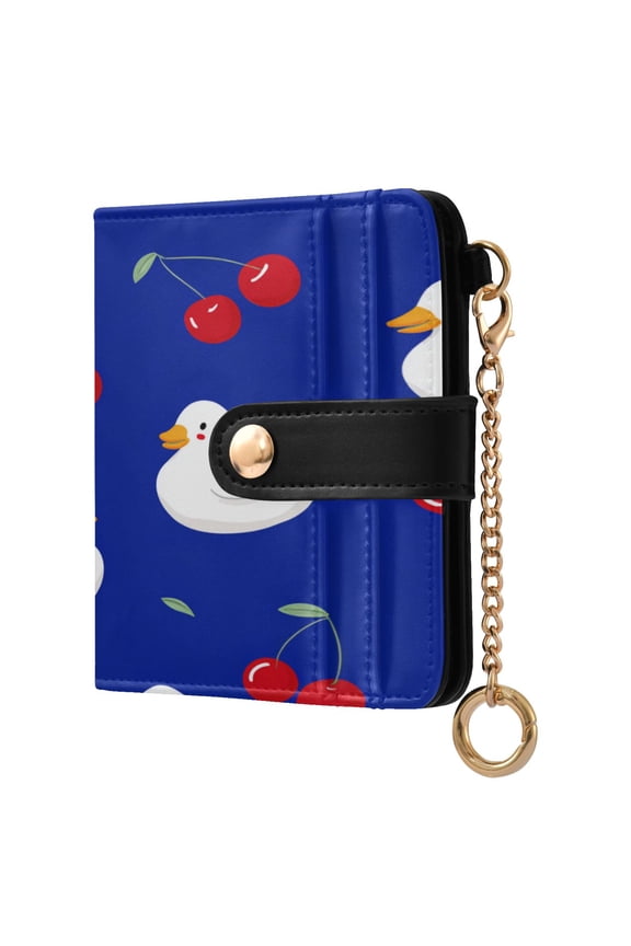 Cute White Ducks with Cerries Women's Wallet PU Leather Card Cases RFID Blocking Purse Billfold with Key Ring