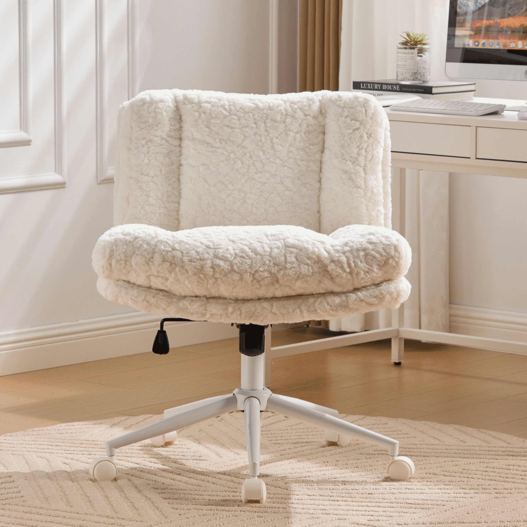 SESSLIFE 26.4 inch Wider Seat Office Chair, Artificial Rabbit Hair Home Office Chair with Metal Base, Adjustable Desk Chair Swivel Office Chair, Vanity Chair(Cream)