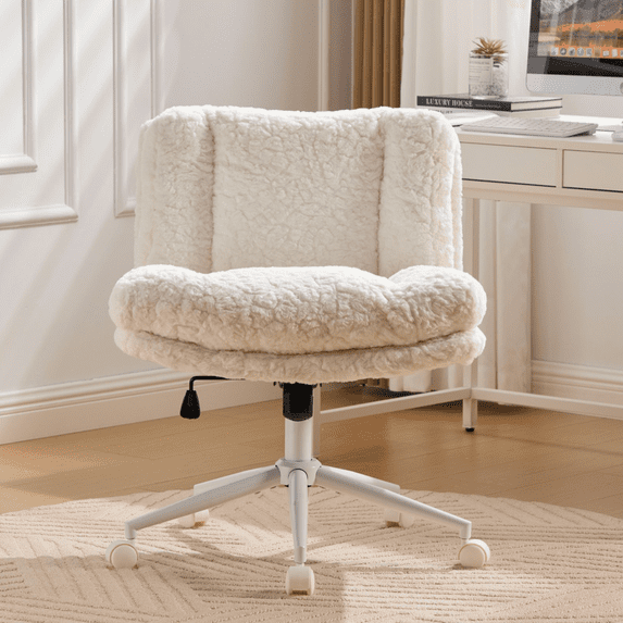 SESSLIFE 26.4 inch Wider Seat Office Chair, Artificial Rabbit Hair Home Office Chair with Metal Base, Adjustable Desk Chair Swivel Office Chair, Vanity Chair(Cream)