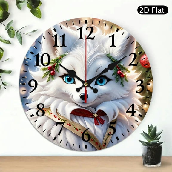 Cute White Fox Digital Illustration Wall Clock, Holiday Theme With Winter Snowflakes And Festive Decorations, Round 10x10 Inch, 1pc, Battery Not Included
