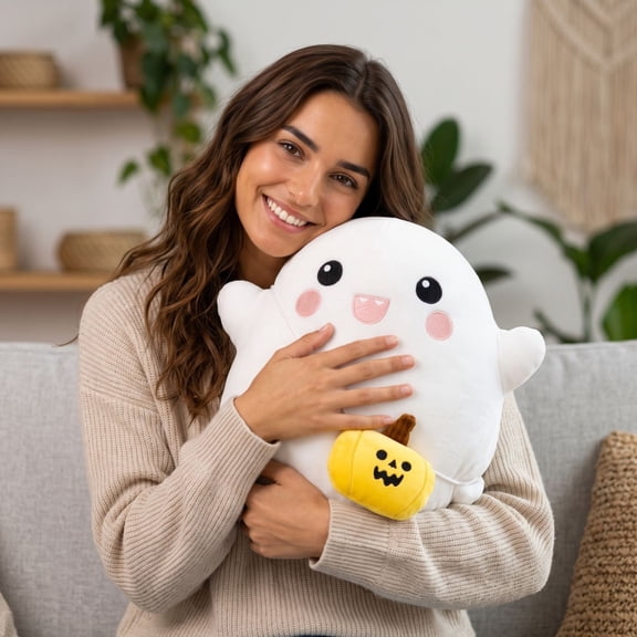 Cute White Ghost Throw Pillow, Kawaii Halloween Plush Toy with Pumpkin Bag, Soft Stuffed Cushion for Sofa and Party Decor