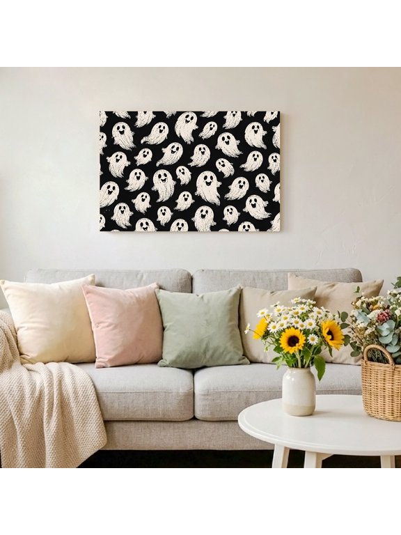 Cute White Ghosts Framed Canvas Wall Art Print in USA,Canvas Pictures Painting Prints Minimalist Halloween Pattern Wall Artwork for Home Office Living Room Bedroom Decor,10"x8"