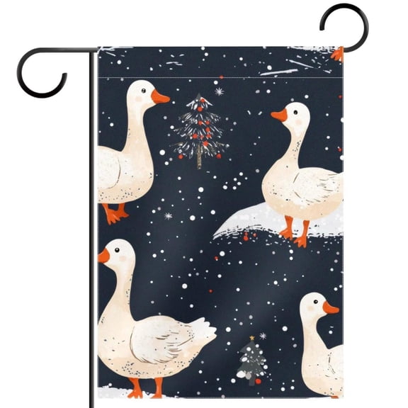 Cute White Gooses and Christmas Trees Snow Garden Flag Double Sided House Flag for Outdoor Home, Personalized All Year Round Yard Decor 12 x 18 Inch