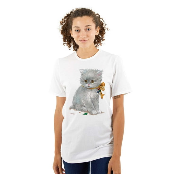 Cute White Kitten Christmas Bow Women's Graphic T Shirt Tees Brisco Brands S