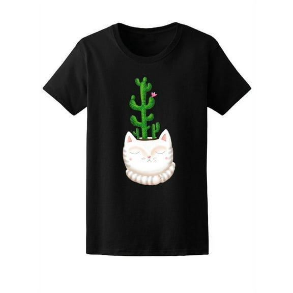Cute White Kitty Cactus Pot T-Shirt Women -Image by Shutterstock, Female x-Large