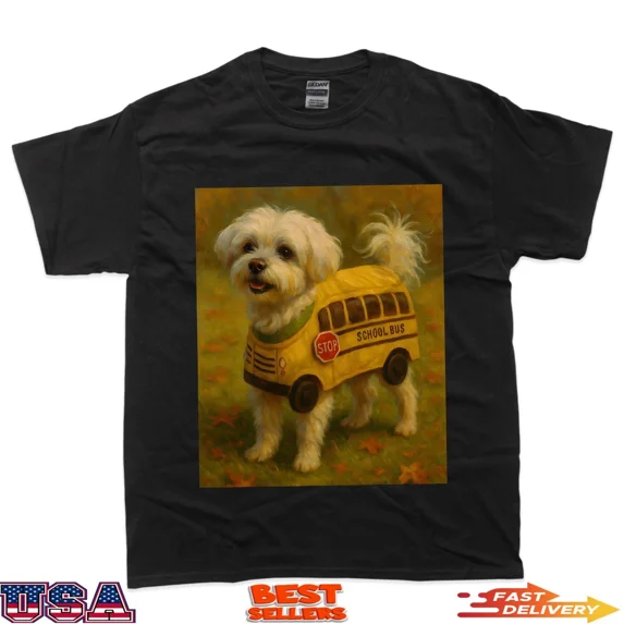Cute White Maltese Dog School Bus Costume Vintage Funny Art T-Shirt ...