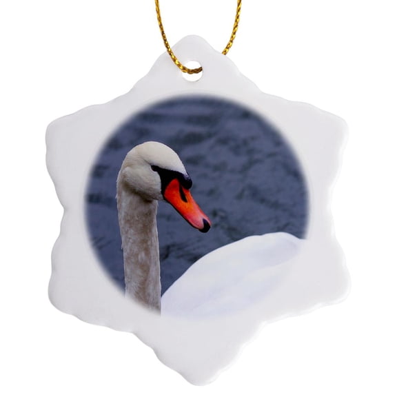3drose, Cute White Mute Swan Bird. White Head, Feathers, Red Beak, Grey Water, 3 inch Snowflake Porcelain Ornament