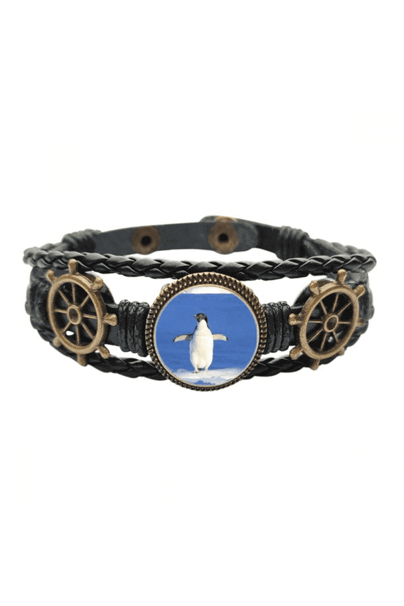 Cute White Penguin Science Nature Picture Leather Braided Ocean Bracelet Wristband