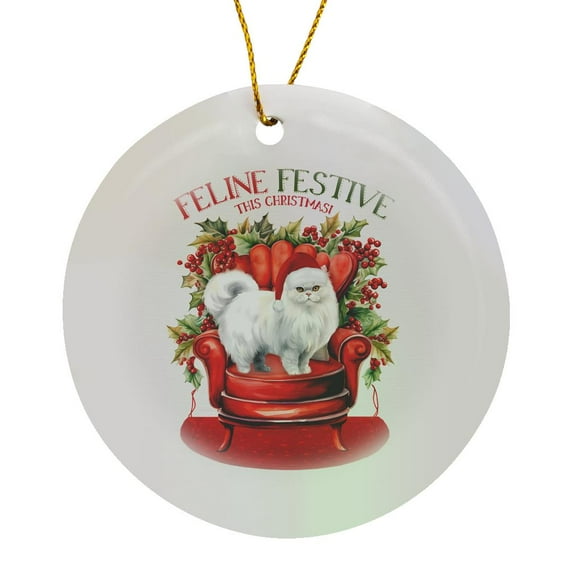 3drose, Cute White Persian Cat Stands on a Holiday Chair for Christmas, Circle Porcelain Ornament