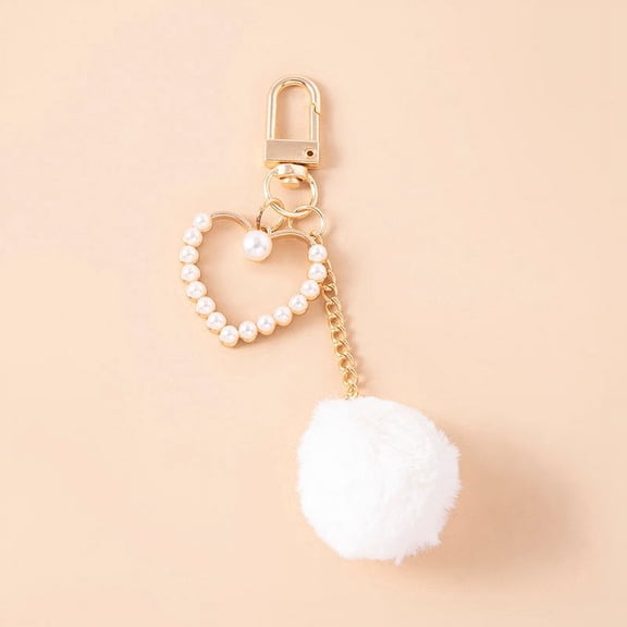 Womens Plush Ball Keychain with Pearls and Heart Charms Trendy Gold Key Chain Cute Pompom Accessory Fashion Bag Charm