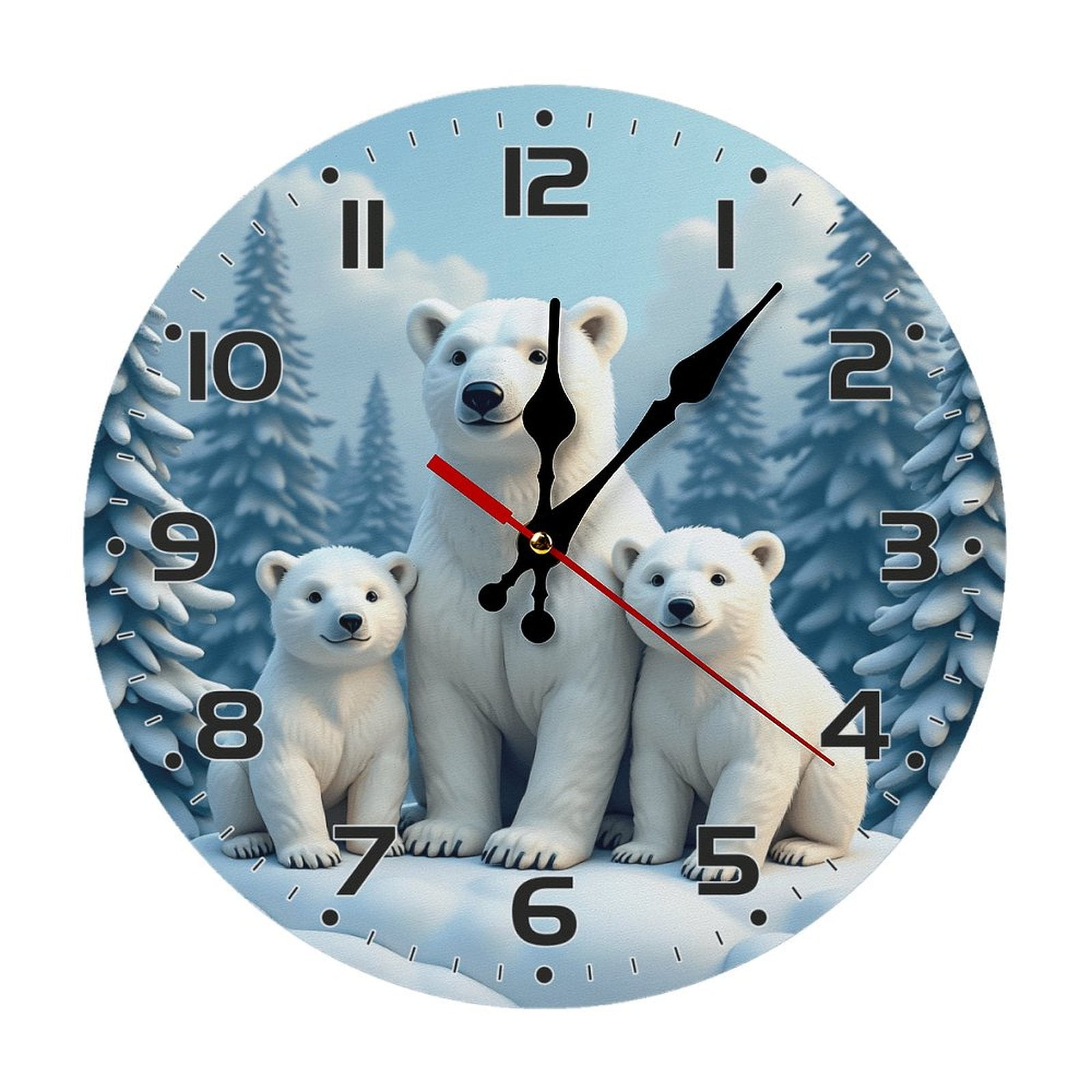 Cute White Polar Bear Wall Clock 10 Inch Silent Non Ticking Round ...