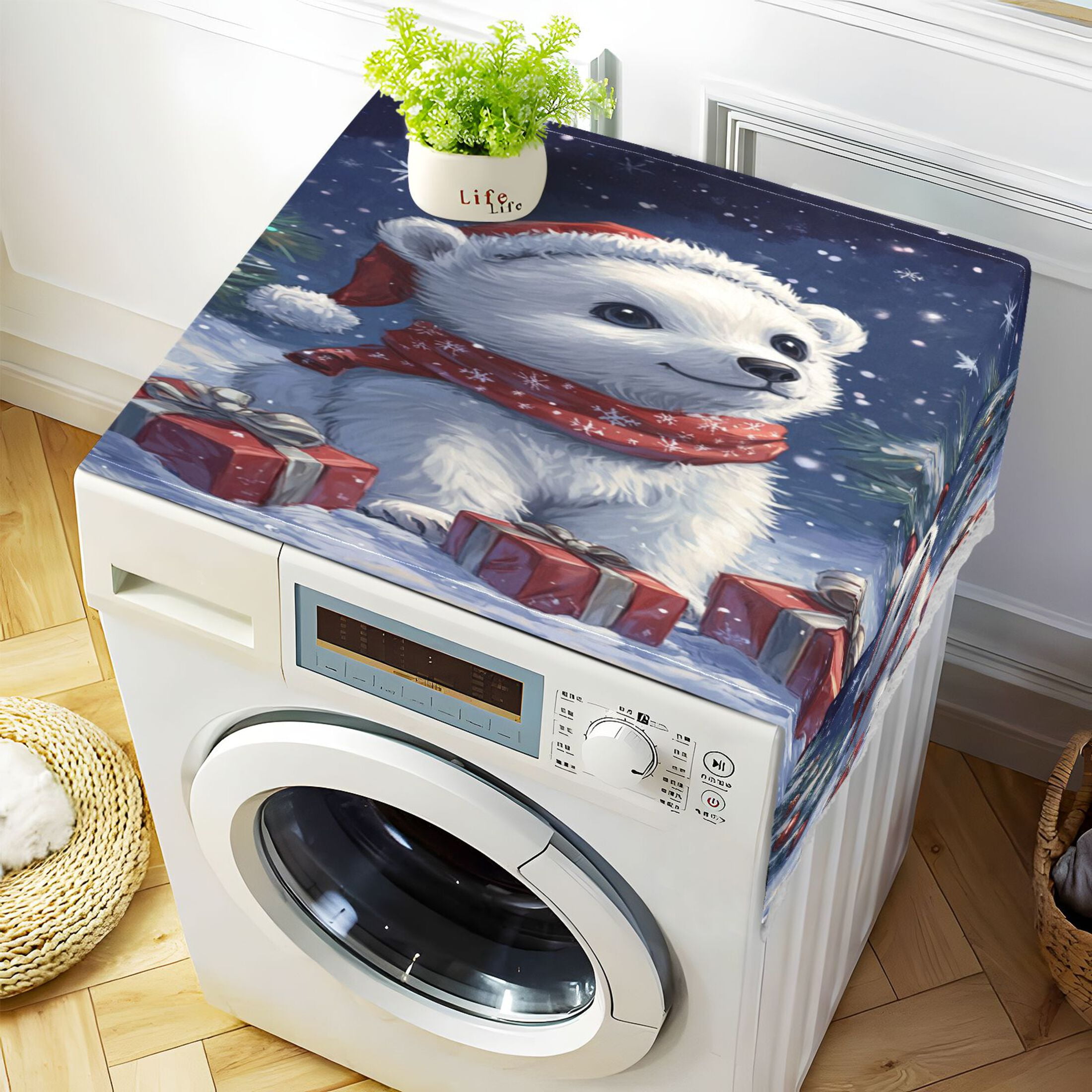 A Cute White Polar BearWasher and Dryer Covers Dust-Proof and Oil Resistant Fridge Cover with 4 Storage Pockets Washing Machine Top Cover for Laundry Kitchen Home 51.2 x 22 In