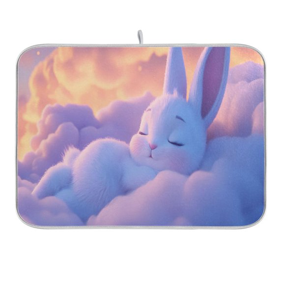 Cute White Rabbit Sleep on Clouds Dish Drying Mat for Kitchen Counter 16x18 In Absorbent Microfiber Reversible Mats Dish Drainer Protector Rack Pad for Coffee Bar Table
